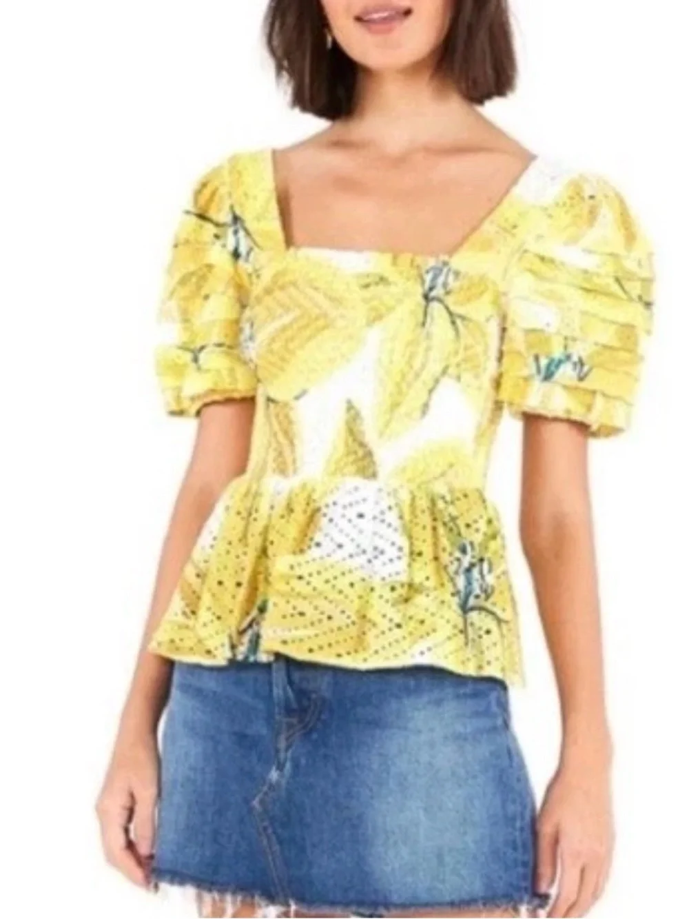 FARM Rio Azalea Yellow Floral Eyelet Smocked Peplum Top M